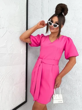 Rochie scurta roz cu maneci bufante si cordon in talie