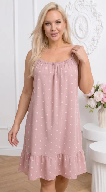 rochie-scurta-roz-pudra-din-vascoza-cu-buline-si-volanas-la-baza