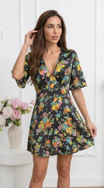 rochie-scurta-satinata-cu-imprimeu-multicolor