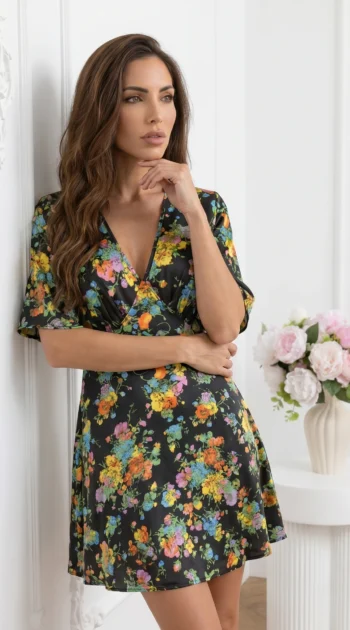 rochie-scurta-satinata-cu-imprimeu-multicolor