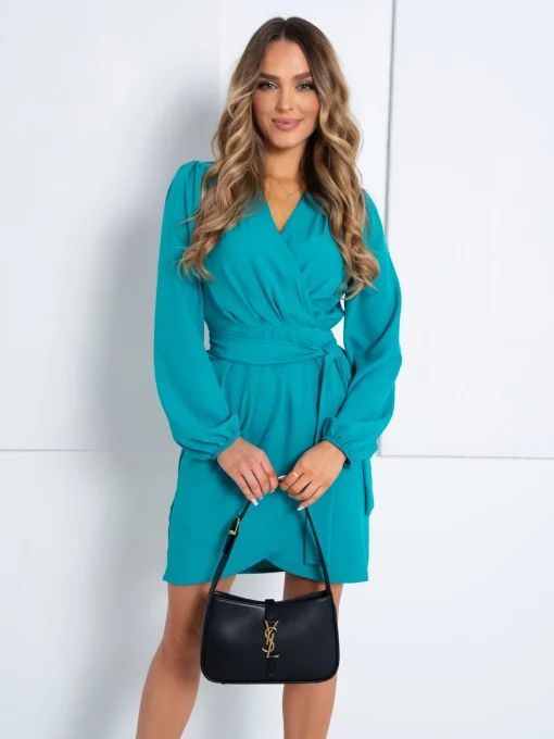 rochie-scurta-turcoaz-cu-decolteu-petrecut-si-cordon-in-talie