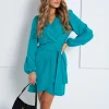 rochie-scurta-turcoaz-cu-decolteu-petrecut-si-cordon-in-talie