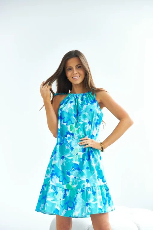 rochie-scurta-vaporoasa-cu-imprimeu-floral-albastru-verde