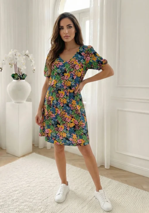 rochie-scurta-vaporoasa-cu-imprimeu-floral-multicolor