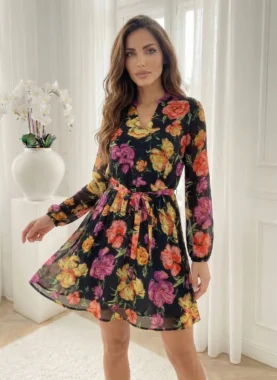 Rochie scurta vaporoasa cu imprimeu floral si cordon in talie