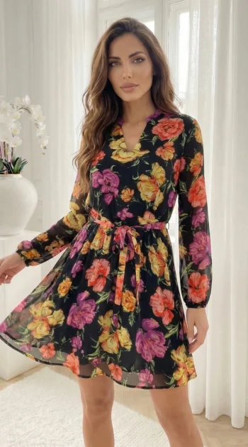 rochie-scurta-vaporoasa-cu-imprimeu-floral-si-cordon-in-talie