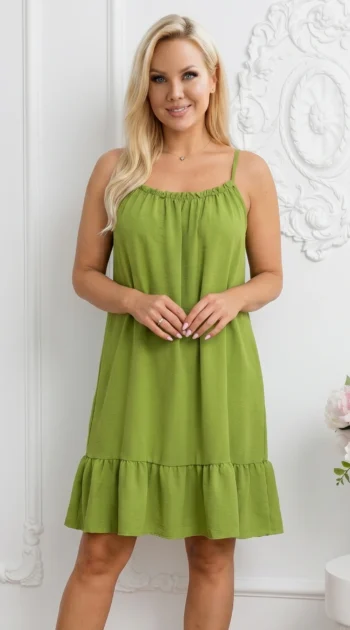 rochie-scurta-verde-fistic-cu-volan-la-baza