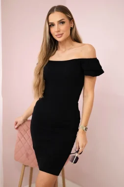 Rochie texturata cu croi mulat si volane la umeri neagra