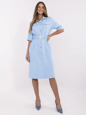 Rochie tip camasa albastru deschis cu cordon elastic si nasturi aurii