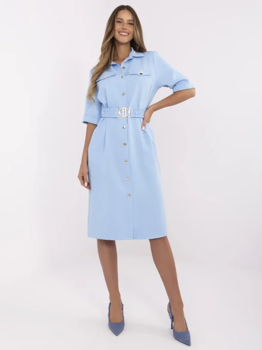 rochie-tip-camasa-albastru-deschis-cu-cordon-elastic-si-nasturi-aurii