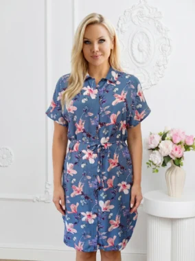 Rochie tip camasa cu imprimeu floral si cordon in talie
