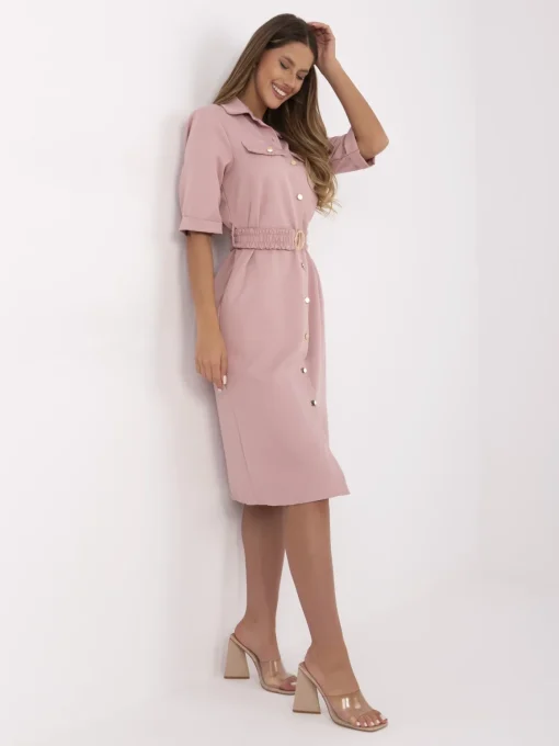 rochie-tip-camasa-roz-pudrat-cu-cordon-elastic-si-nasturi-aurii