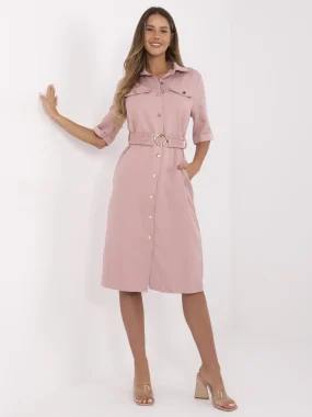 Rochie tip camasa roz pudrat cu cordon elastic si nasturi aurii