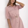 rochie-tip-camasa-roz-pudrat-cu-cordon-elastic-si-nasturi-aurii