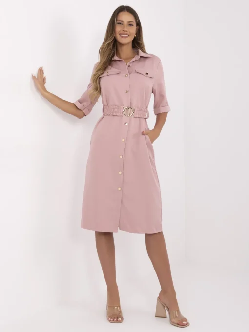 rochie-tip-camasa-roz-pudrat-cu-cordon-elastic-si-nasturi-aurii