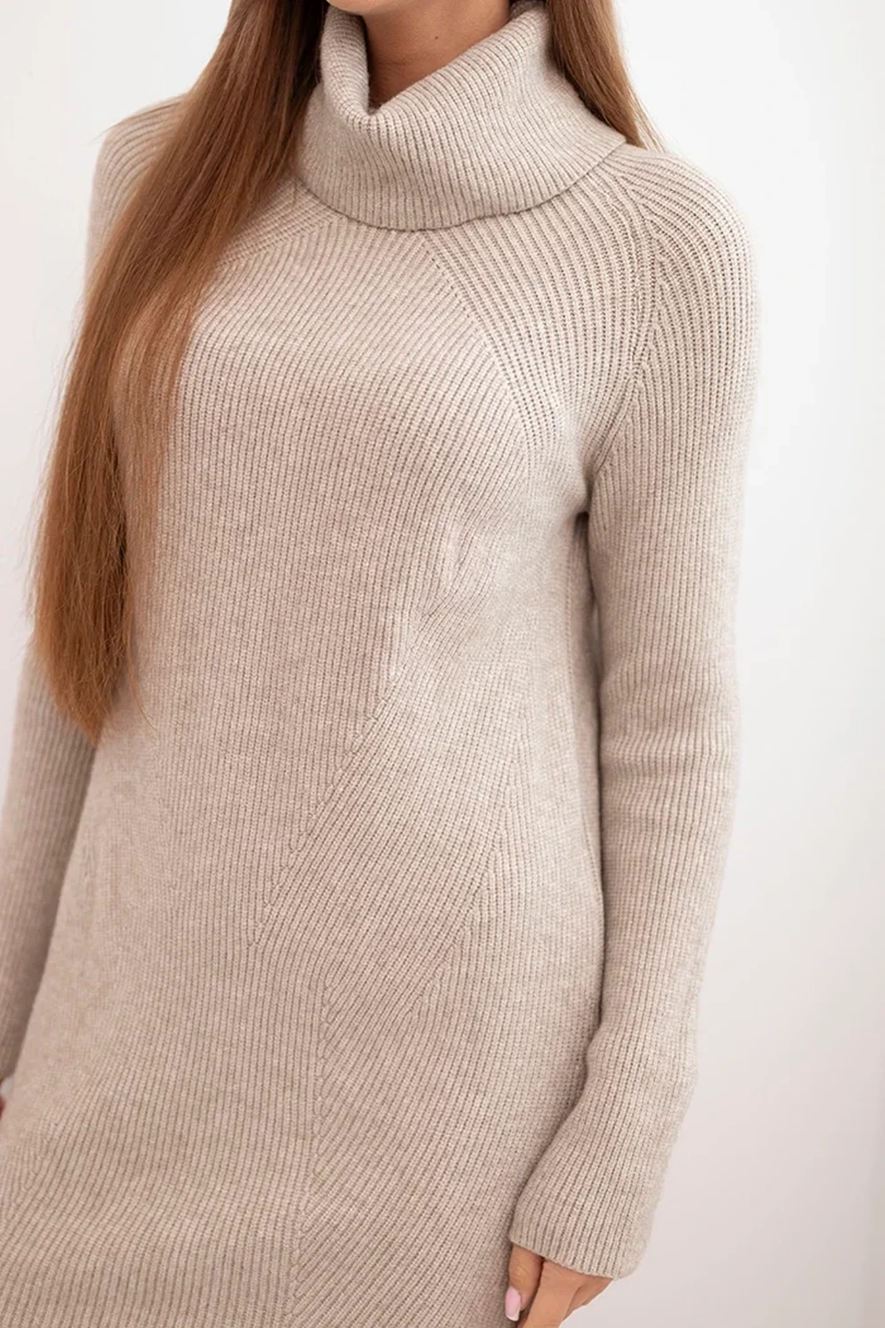 Rochie tricotata bej cu guler inalt - 2 | YEO