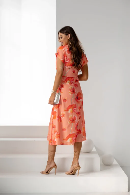 rochie-vaporoasa-corai-cu-imprimeu-floral-si-cordon-in-talie