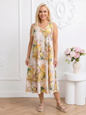 Rochie vaporoasa cu imprimeu floral bogat galben