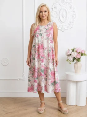 Rochie vaporoasa cu imprimeu floral bogat roz