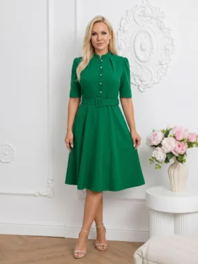 Rochie verde eleganta cu nasturi perla si curea in talie