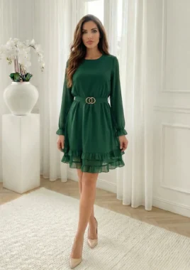 Rochie verde eleganta scurta cu volane si curea in talie