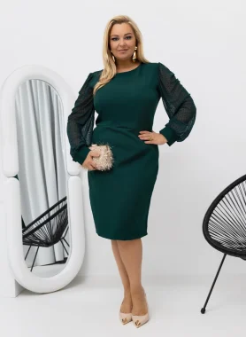 Rochie verde marime mare eleganta cu maneci din voal cu buline
