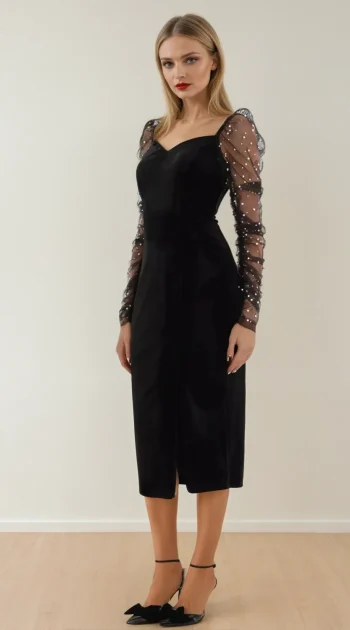 rochie-zofia-neagra-cu-maneci-transparente-cu-perle