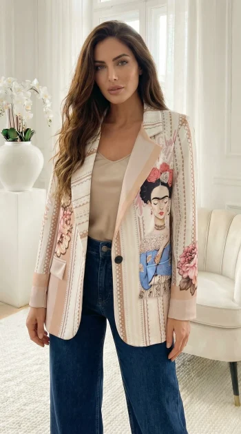 sacou-bej-statement-cu-imprimeu-artistic