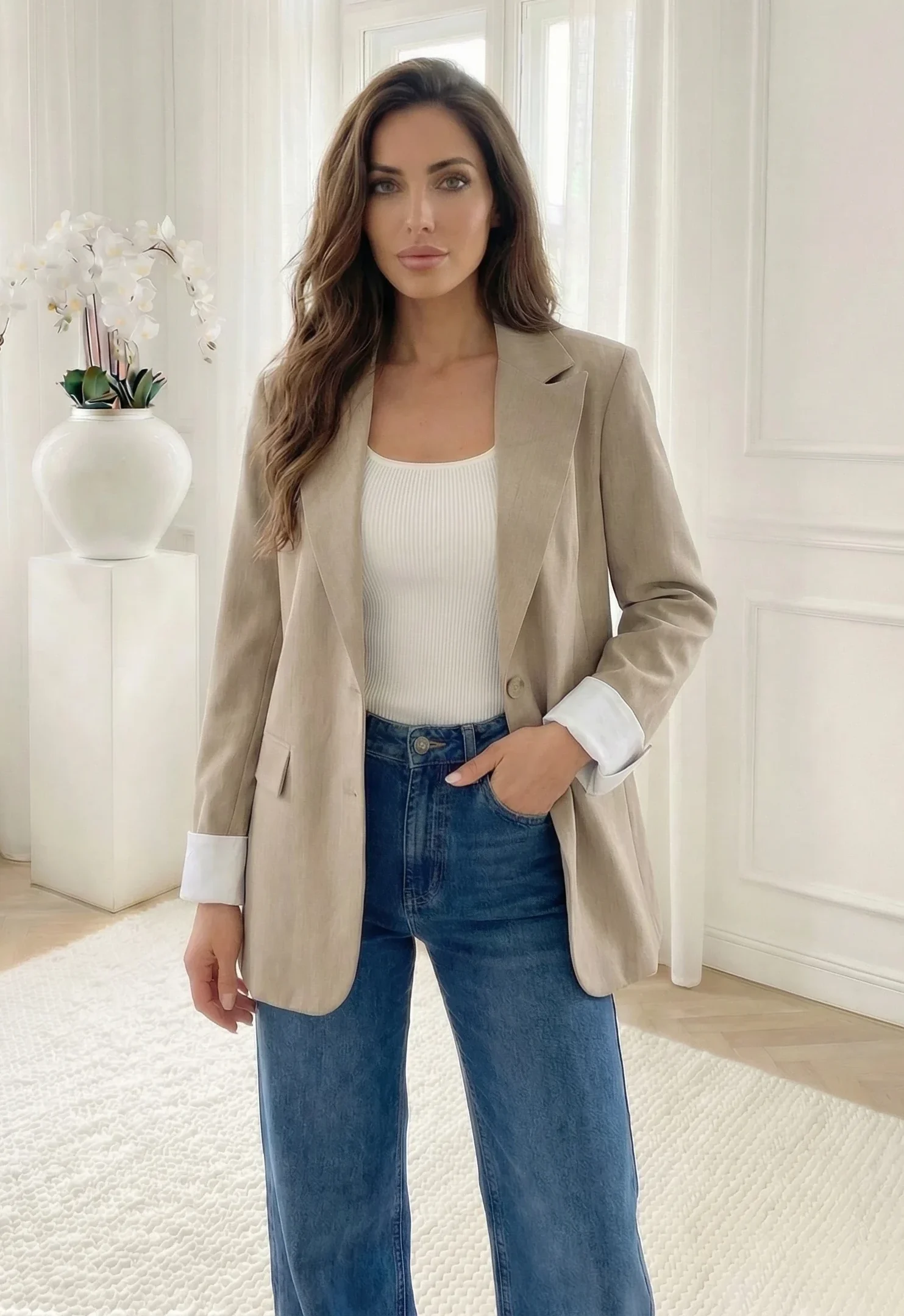 Sacou dama bej nisipiu cu croiala clasica si inchidere cu doi nasturi