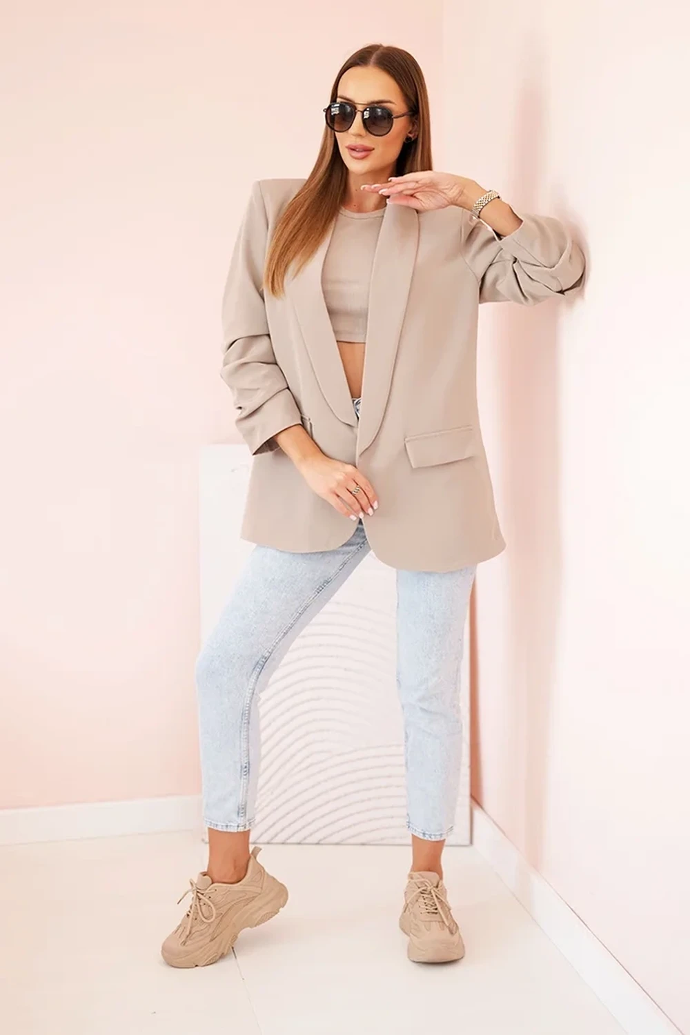 Sacou elegant bej cu maneci drapate - 1 | YEO