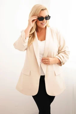 Sacou elegant marime mare bej cu maneci drapate Fancy