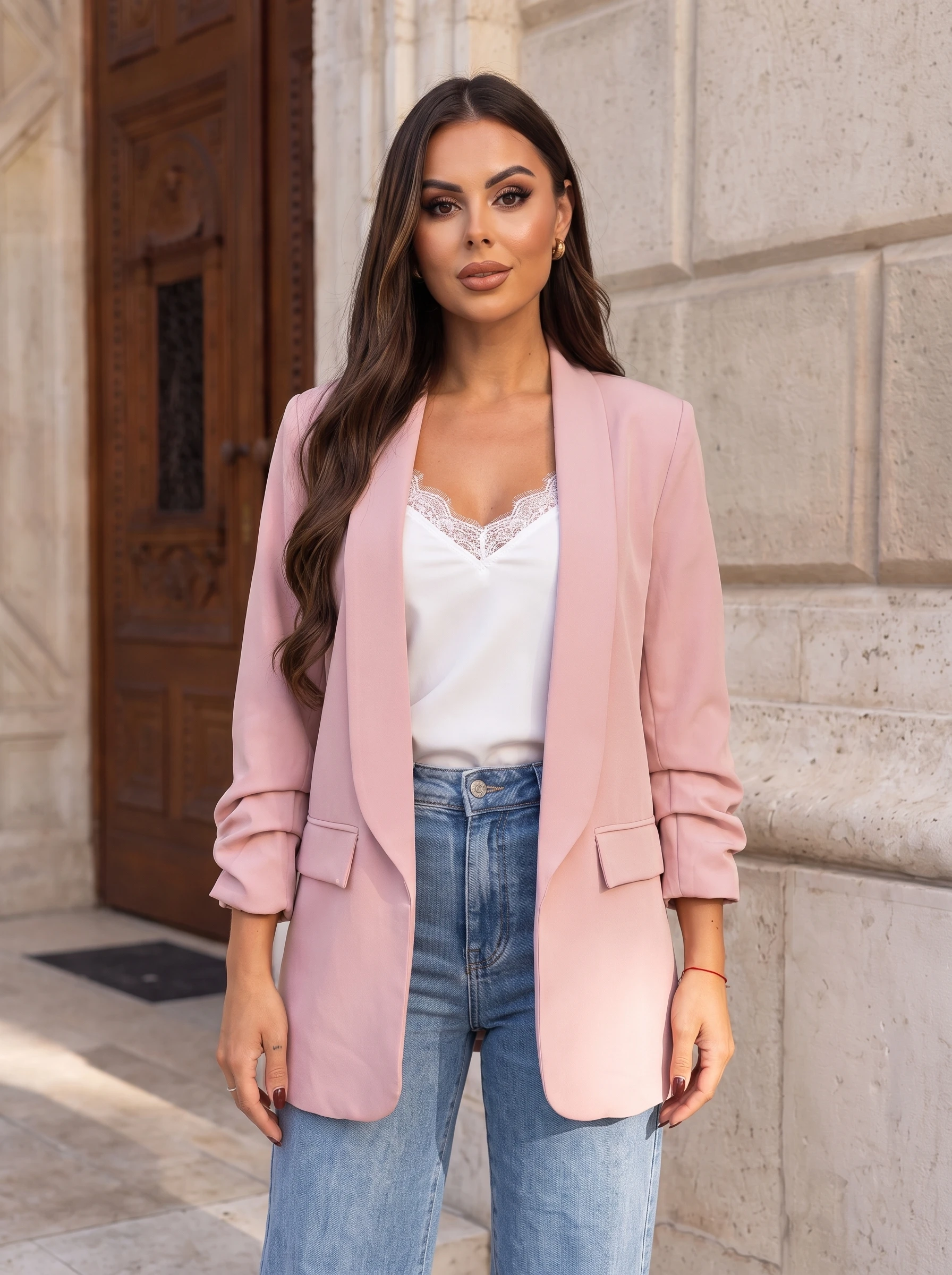 Sacou elegant roz pudra cu maneci drapate Fancy