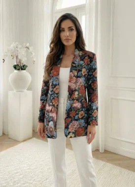Sacou negru cu imprimeu floral multicolor