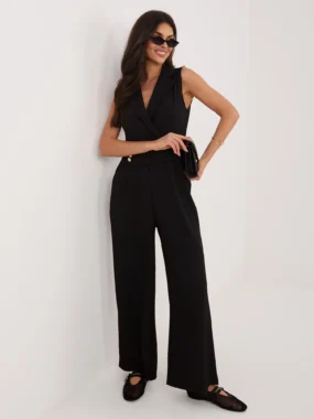 Salopeta eleganta neagra cu nasturi aurii si croiala wide leg