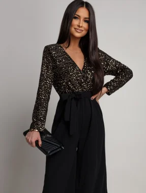 Salopeta neagra eleganta cu paiete aurii si pantaloni largi