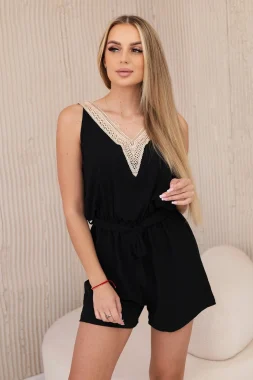 Salopeta scurta neagra cu decolteu in V brodat