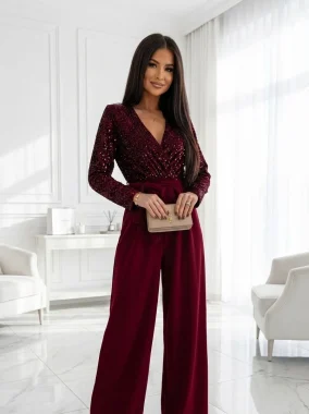 Salopetă visinie eleganta cu paiete și pantaloni largi