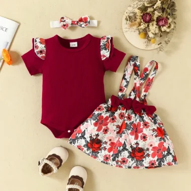 Set 3 piese fete burgundy cu imprimeu floral