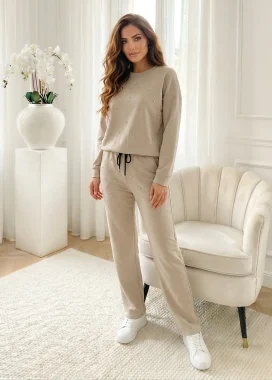 Set dama casual bej cu aplicatii pietricele