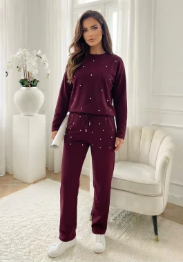 Set dama casual bordo cu aplicatii pietricele