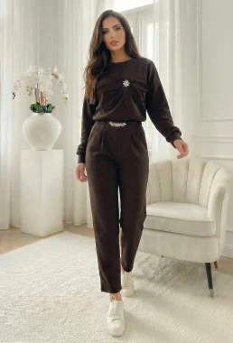 Set dama maro cu aplicatie floare si stras si pantaloni cu talie elastica