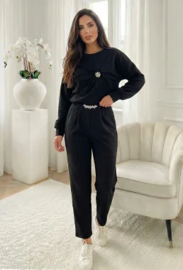 Set dama negru cu aplicatie floare si stras si pantaloni cu talie elastica