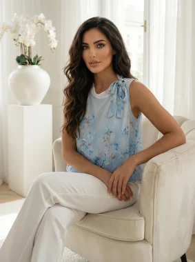 Top bleu cu funda si imprimeu floral