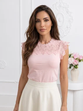 Top din bumbac elastic cu dantela eleganta la umeri