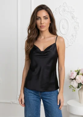 Top satinat negru cu decolteu drapat