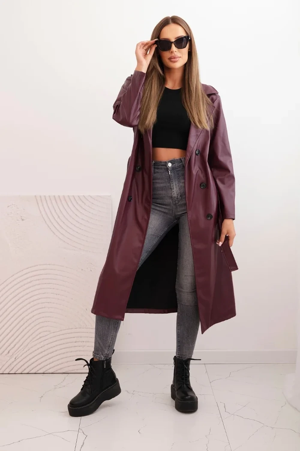 Trench burgundy din piele ecolog... - 1 | YEO