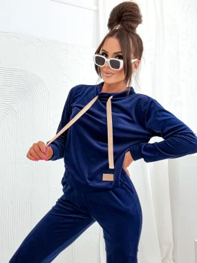 Trening bleumarin din catifea cu snur bej