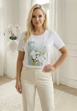 Tricou alb din bumbac cu print artistic in relief
