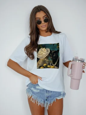Tricou alb oversized cu imprimeu pantere