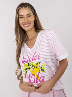 Tricou cu dungi roz și imprimeu Dolce Vita